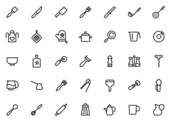 Kitchen utensils line icons set