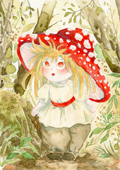 Fly agaric girl in forest. Cartoon character design. Watercolor illustration