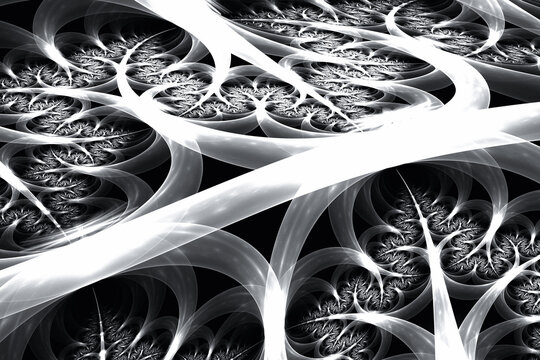 White pattern of plant branches on a black background. Abstract image. 3D fractal rendering
