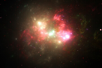 Yellow pink clouds of cosmic dust in black space. Abstract image. 3D fractal rendering