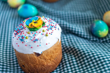 Postcard with Easter bread. Cakes with icing. Spring festival 2021. Kulich. Happy Easter day. Cake with raisins. Christian traditions. Space for text. Copy space. White background.