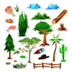 Low poly safari object vector illustration set