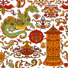 Seamless pattern with folk tale ornament design elements. Dragon, castle, flowers, plants with decorative patterns. Stylized objects on white background. Colourful vector illustration