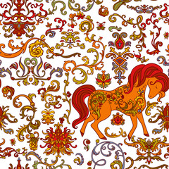 Seamless pattern with folk tale ornament design elements. Horse, ornate flowers, plants with decorative patterns Stylized objects on white background. Colourful vector illustration