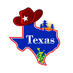 Texas state cartoon with cowboy hat and nature vector logo