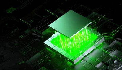 3D rendering of cyberpunk AI. Circuit board. Technology background. Central Computer Processors CPU and GPU concept. Motherboard digital chip. Tech science background.