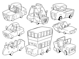 Cartoon cars collection. Comic transportation set. Isolated objects on white background. Black and white vector illustration