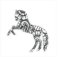 Mandala animal coloring page with horse , Horse Mandala coloring page Unicorn Mandala Vector Line Art Style, Beautiful Horse Jump. Vector illustration