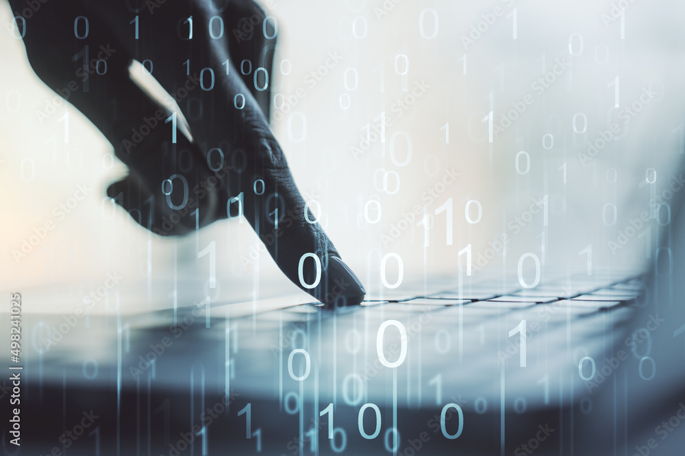 Aufkleber creative concept of binary code illustration and hands typing on laptop on background. big data and 