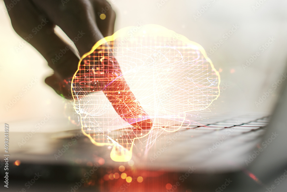 Poster creative artificial intelligence concept with human brain sketch and hands typing on computer keyboa