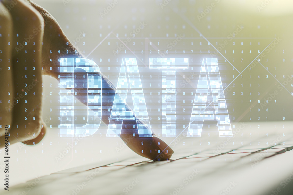 Poster creative data word hologram and hands typing on computer keyboard on background, big data and blockc