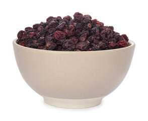 Bowl of tasty dried currants on white background