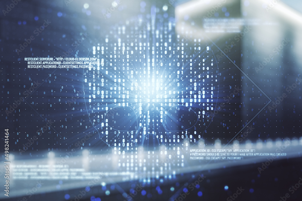 Poster abstract virtual code skull hologram on blurry contemporary office building background, cybercrime a