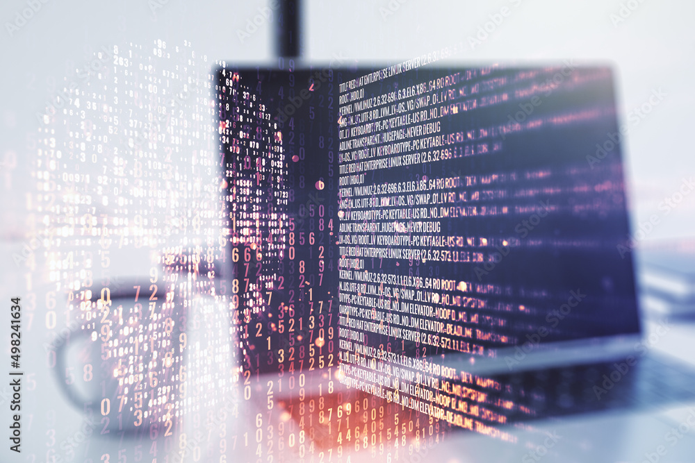 Poster double exposure of creative code skull hologram on laptop background. malware and cyber crime concep