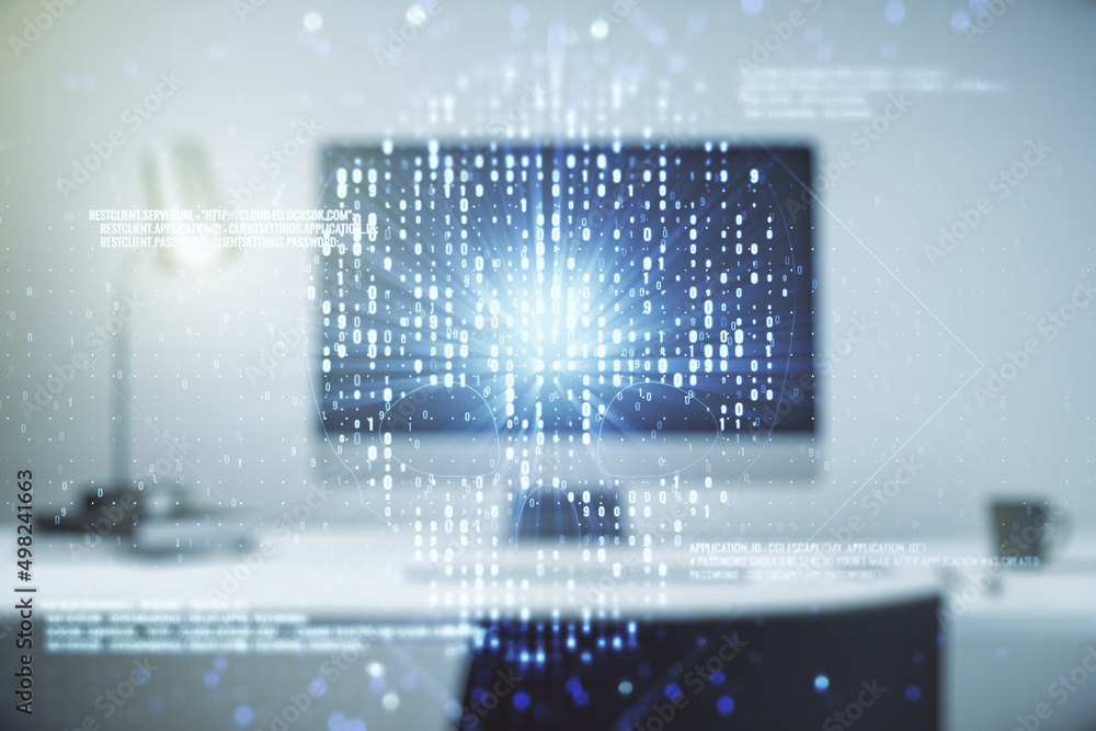 Poster creative code skull sketch on modern laptop background, theft of personal data and malware concept. 