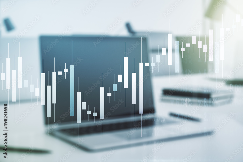 Poster multi exposure of abstract financial graph on laptop background, financial and trading concept