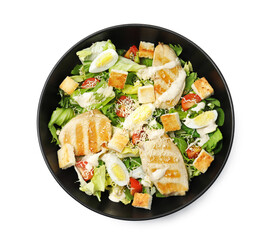 Delicious Caesar salad in bowl isolated on white, top view
