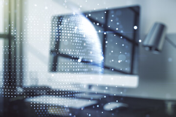 Abstract creative digital world map on modern computer background, globalization concept. Multiexposure