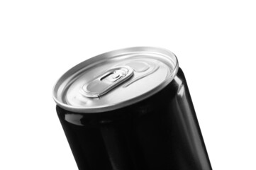 Black can of energy drink isolated on white, closeup