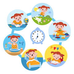 Little girl read book, do homework, play, wake up, eat, brush teeth. Healthy daily morning vector illustration. Children activity. Education and rest. Cute cartoon character.