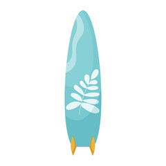Blue surfboard decorated with tropical leaf. Icon surfboard isolated on a white background.