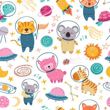 Space animals seamless pattern. Child cosmos elements, cute planets and animal astronauts. Flying fox and turtle, isolated kids neoteric vector texture