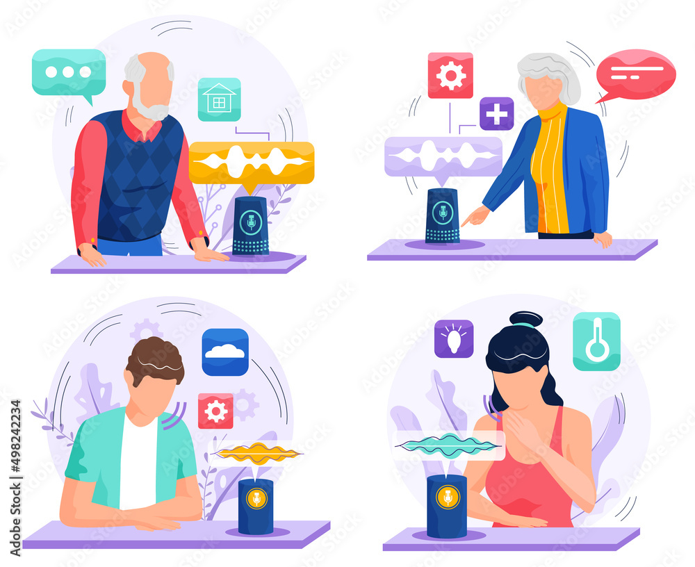 Poster voice assistant. smart speaker virtual assistant, sound robot, people using voice controlled smart s