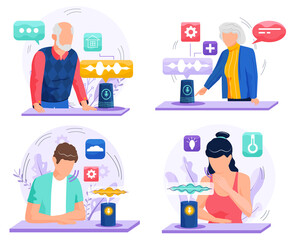 Voice assistant. Smart speaker virtual assistant, sound robot, people using voice controlled smart speaker. Voice activate digital assistant identification control contactless mobile device microphone