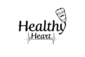 Healthy heart text, black stethoscope icon vector on white background. Healthcare symbol to use in health industry, cardiology, medical science, hospital, healthcare projects.
