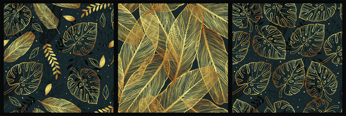 Set of black and golden tropical leaves on a dark green background. Monstera leaf outlines in seamless pattern.  Botanical background. 