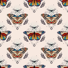 Magic illustration with butterflies and crescents. Contemporary composition. Trendy texture for print, textile, packaging.