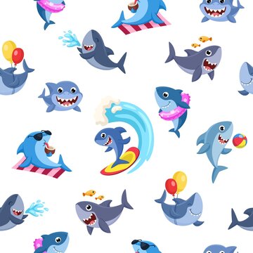 Sharks seamless pattern. Cartoon shark surfing, underwater life. Sea fabrics print, cutest wild ocean characters. Funny animals summer garish vector background