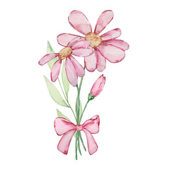 Watercolor illustration of a bouquet of flowers with a bow