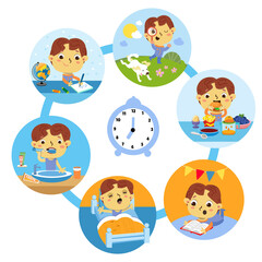 Naklejka premium Boy read book, do homework, play, wake up, eat, brush teeth. Healthy daily routine vector illustration. Children activity. Education and recreation. Cute cartoon character.