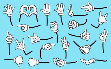 Cartoon gloves hands. Comics arms, hand mascot in white glove. Isolated arm and fingers gestures variations, handshake, ok sign, garish vector set