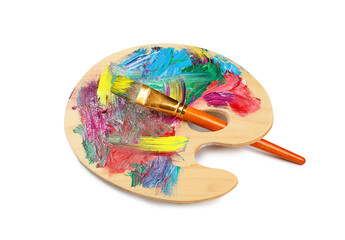 Wooden artist's palette with mixed paints and brush isolated on white