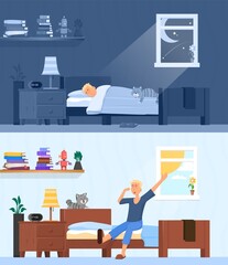 Man sleep and wake up. Awake early morning, guy sitting and stretching in bed. Happy day start, healthy rest at night decent vector illustration
