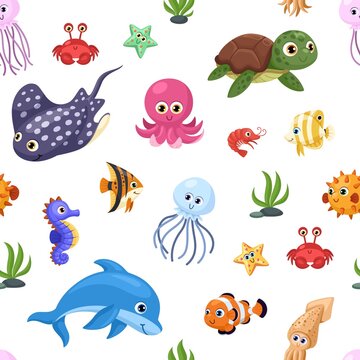 Cartoon ocean animal seamless pattern. Fun animals, tropical sea wildlife characters. Cute turtle, starfish and dolphin. Colorful garish childish vector print