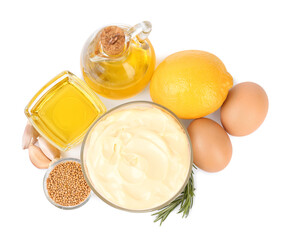 Glass bowl with fresh mayonnaise and ingredients on white background, top view