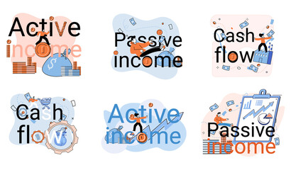 Active and passive income concept. Idea of financial growth and development with investments, interest on deposits, dividends. Set of illustrations about earnings, profit, cash and money flow