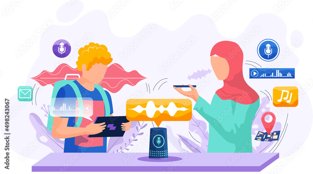 Poster voice assistant. smart speaker virtual assistant, sound robot, people using voice controlled smart s