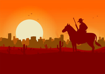 Western desert landscape at sunset with cowboy silhouette vector illustration.