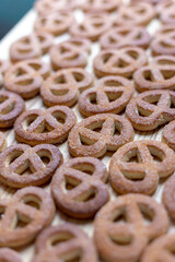Baking on a wooden tabletop. Flour sweets.