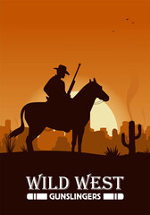 Western desert landscape at sunset with cowboy silhouette vector illustration.