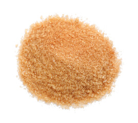 Pile of brown sugar on white background, top view