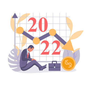 Decline income 2022. Sad businessman near falling chart. Landing page graph drop. Reduction money. Lower finance. Vector illustration flat design. Isolated on white background.