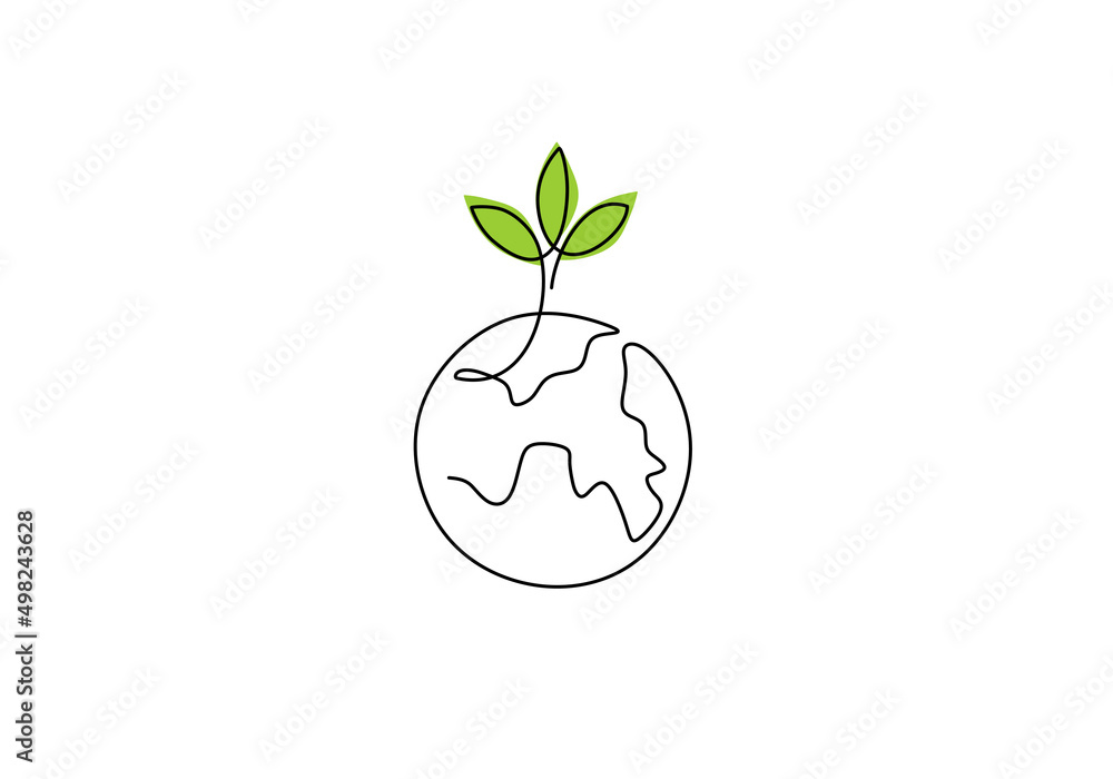 Poster one continuous single line of seed on world for go green concept isolated on white background.