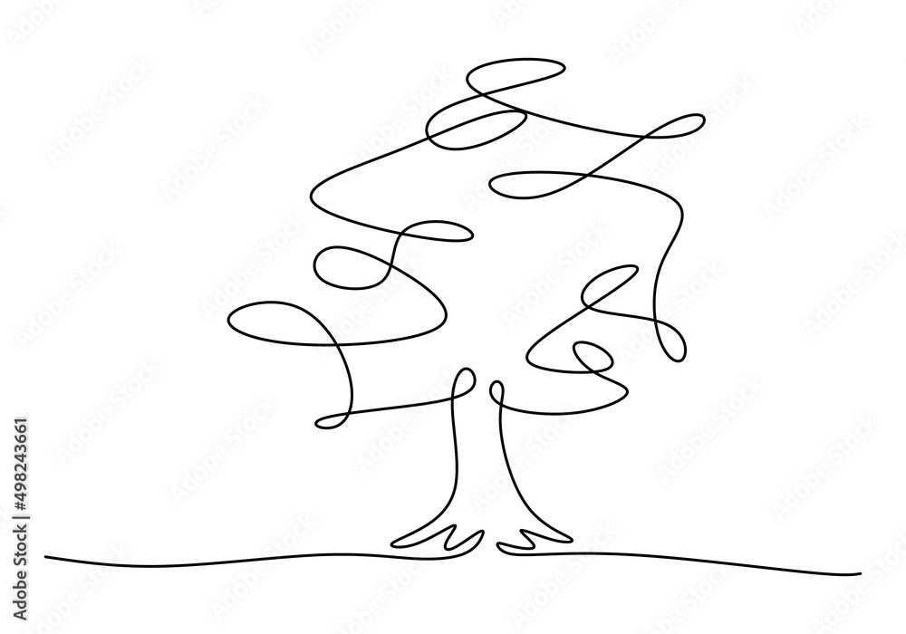 Poster one continuous single line of big tree isolated on white background.