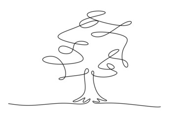 One continuous single line of big tree isolated on white background.