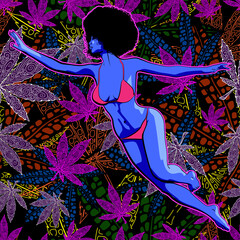 A afro hair lady dressed swimsuit. Flying in the psyhodelic space around cannabis leaf and seamless background with marijuana leafs - 498243672